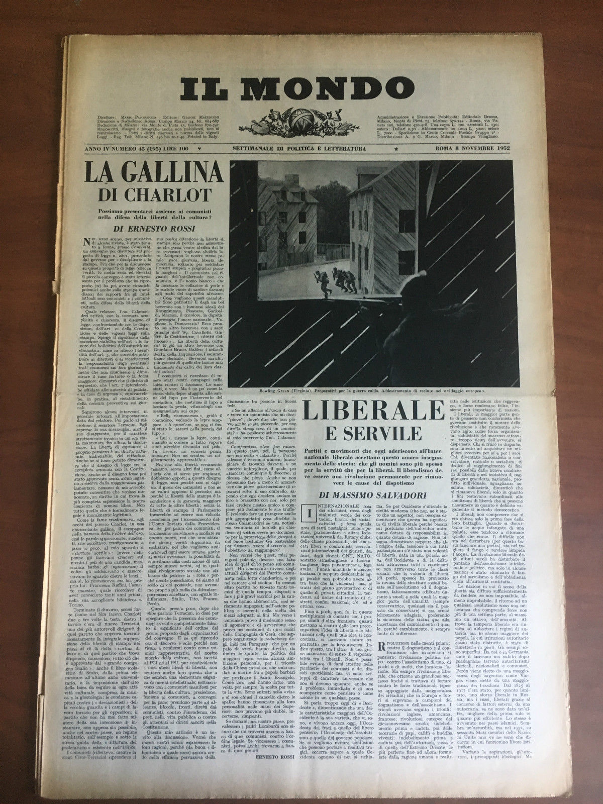 Il Mondo diretto da Mario Pannunzio Anno IV n^ 45 …