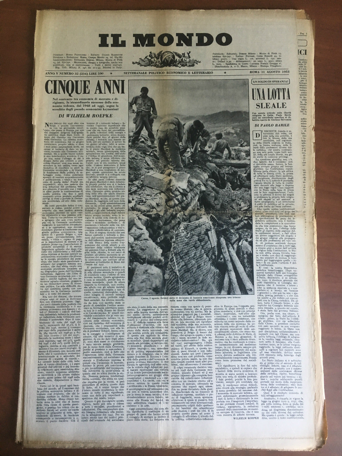 Il Mondo diretto da Mario Pannunzio Anno V n^ 32 …