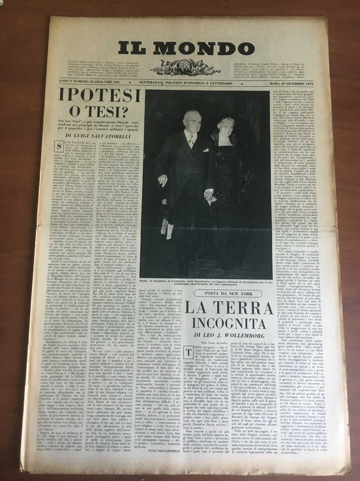 Il Mondo diretto da Mario Pannunzio Anno V n^ 52 …