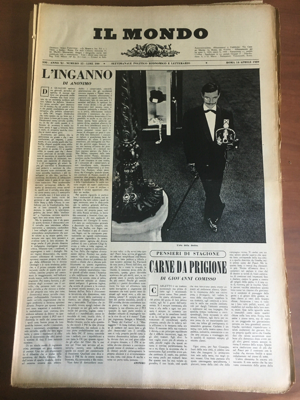 Il Mondo diretto da Mario Pannunzio Anno XI n^ 15 …