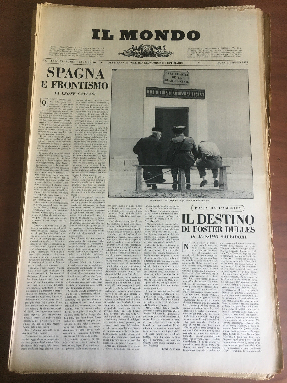 Il Mondo diretto da Mario Pannunzio Anno XI n^ 22 …