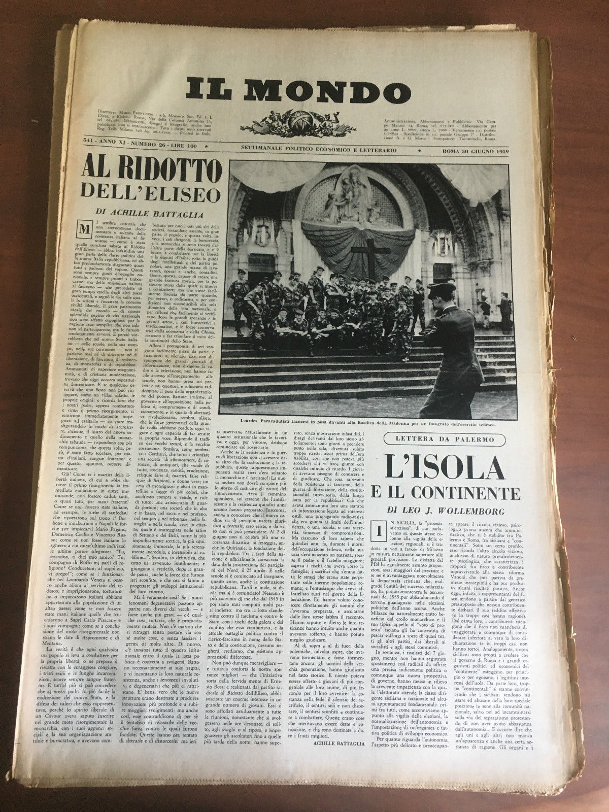 Il Mondo diretto da Mario Pannunzio Anno XI n^ 26 …