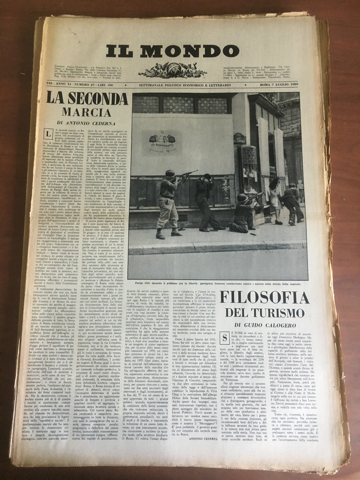 Il Mondo diretto da Mario Pannunzio Anno XI n^ 27 …