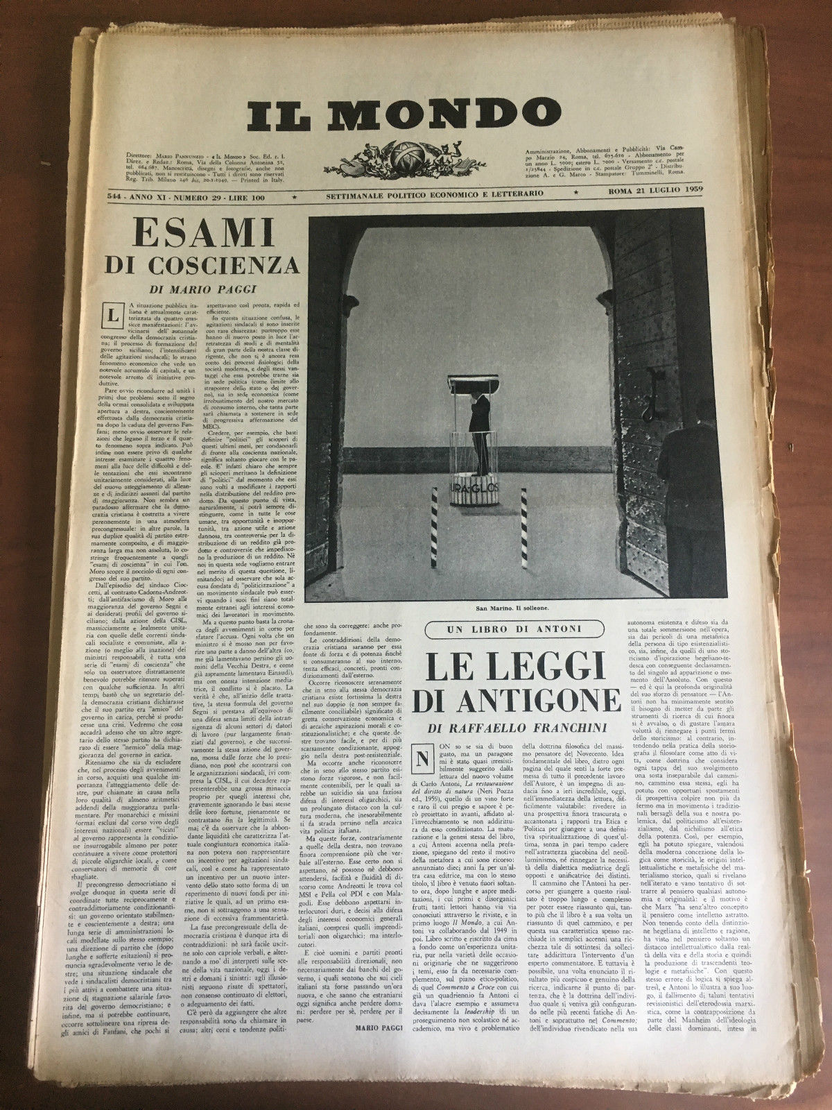 Il Mondo diretto da Mario Pannunzio Anno XI n^ 29 …