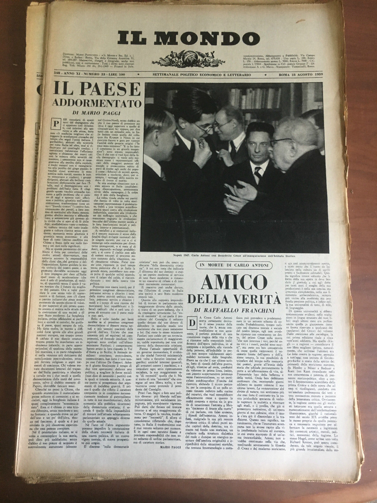 Il Mondo diretto da Mario Pannunzio Anno XI n^ 33 …