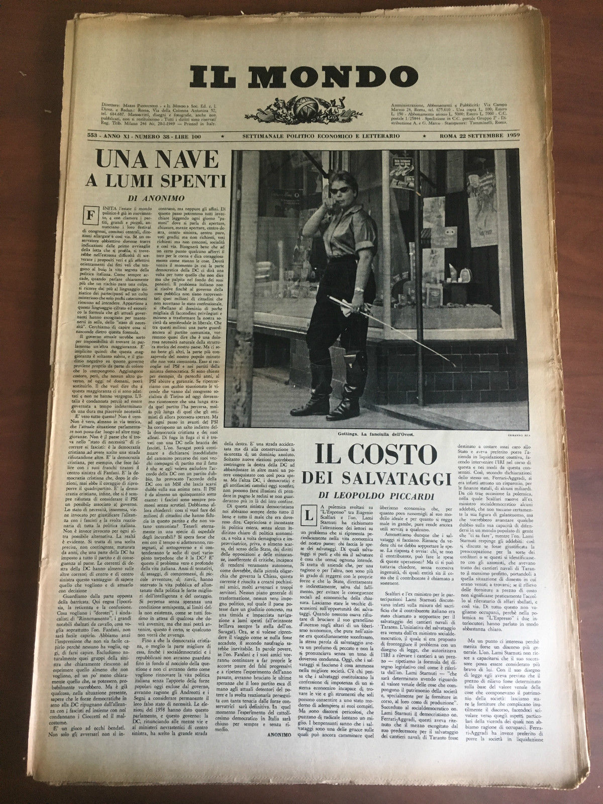 Il Mondo diretto da Mario Pannunzio Anno XI n^ 38 …