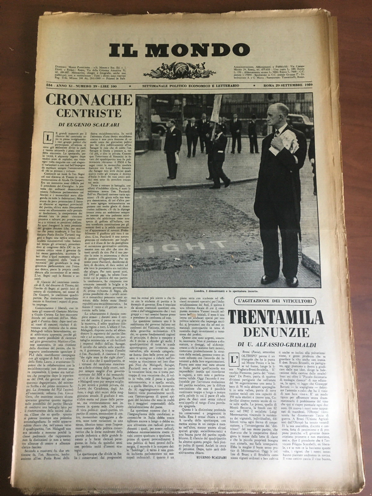 Il Mondo diretto da Mario Pannunzio Anno XI n^ 39 …