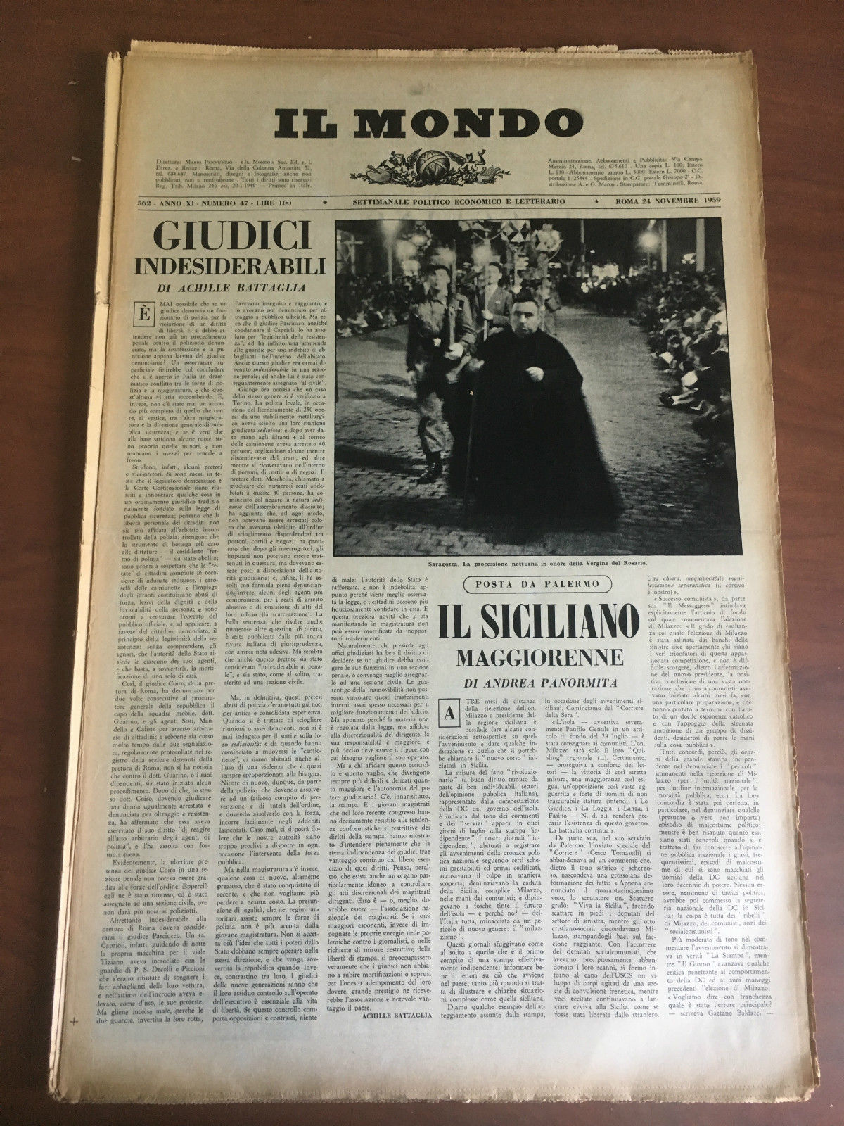 Il Mondo diretto da Mario Pannunzio Anno XI n^ 47 …