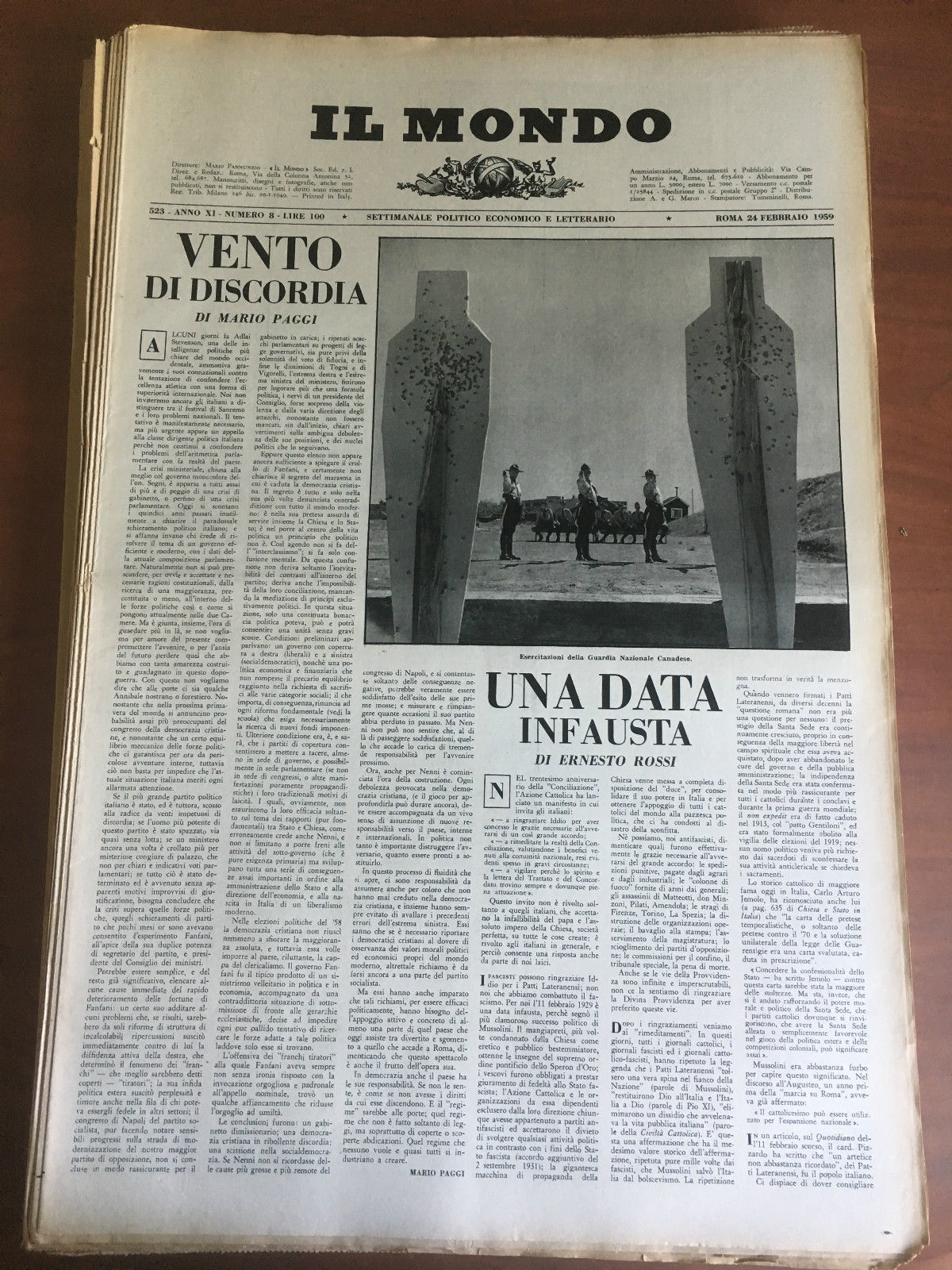 Il Mondo diretto da Mario Pannunzio Anno XI n^ 8 …