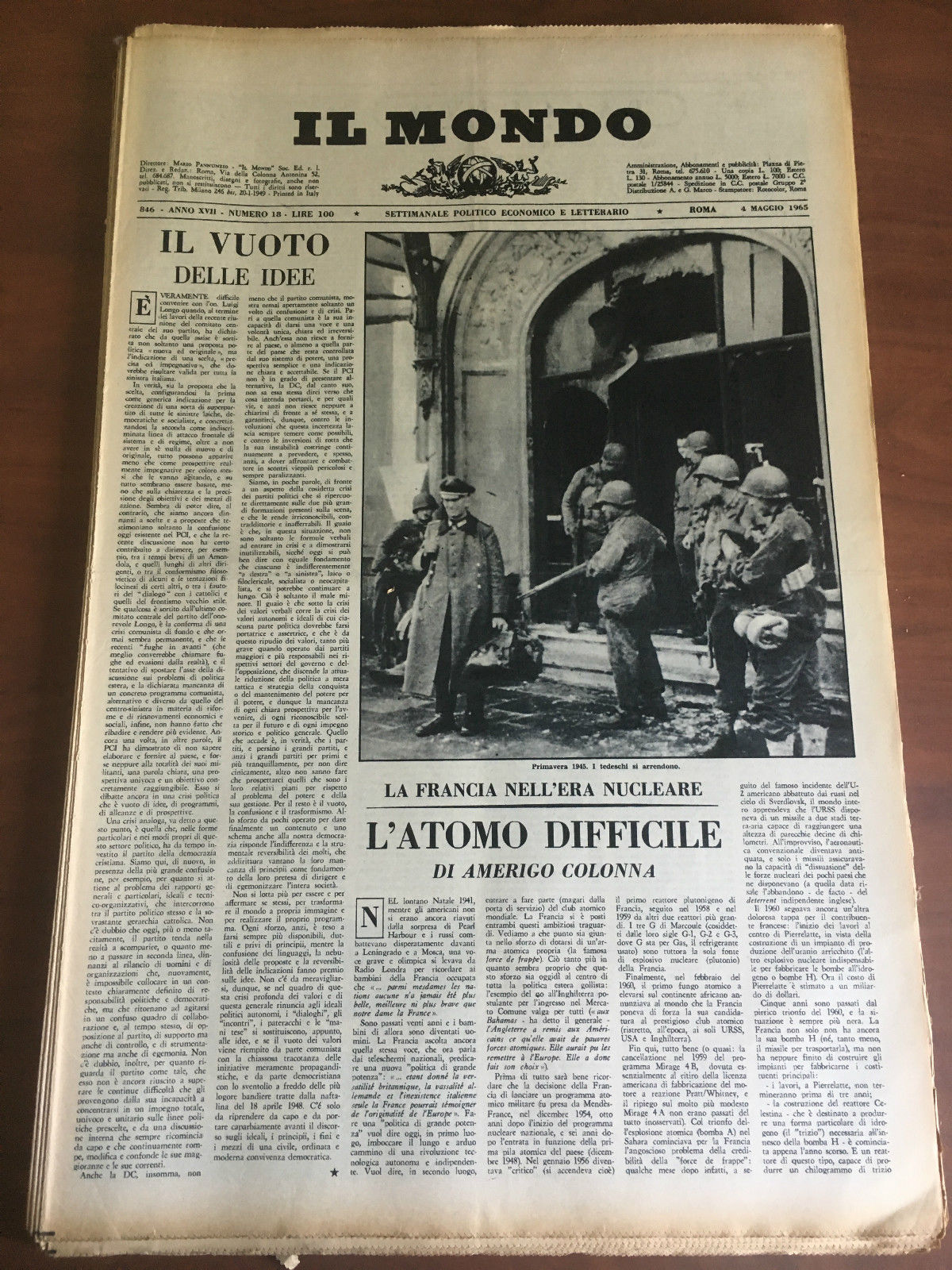 Il Mondo diretto da Mario Pannunzio Anno XVIII n^ 18 …