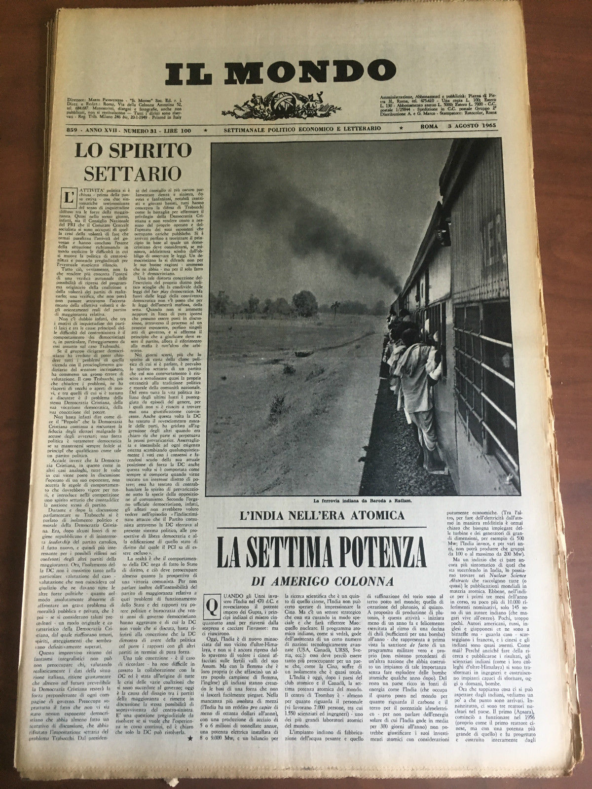 Il Mondo diretto da Mario Pannunzio Anno XVIII n^ 31 …