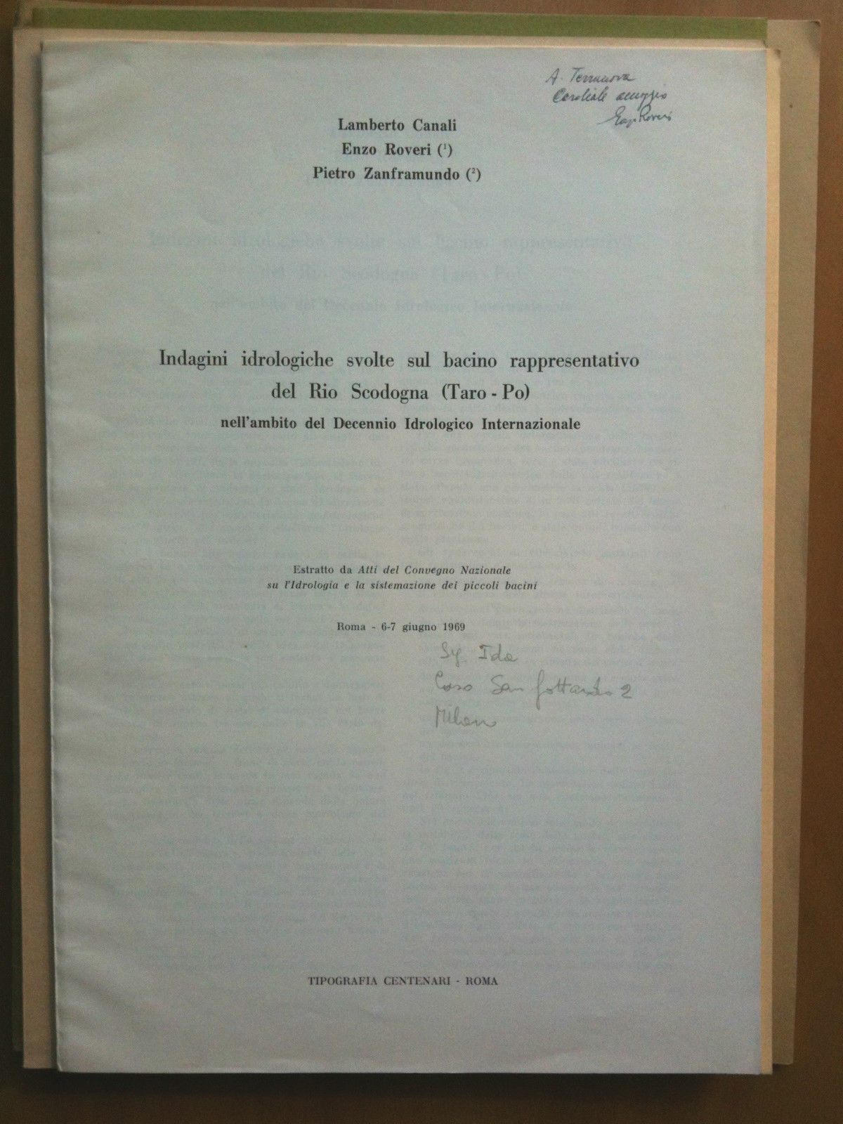 Indagini idrogeologiche svolte sul bacino rappresentativo del Rio Scodogna 1969