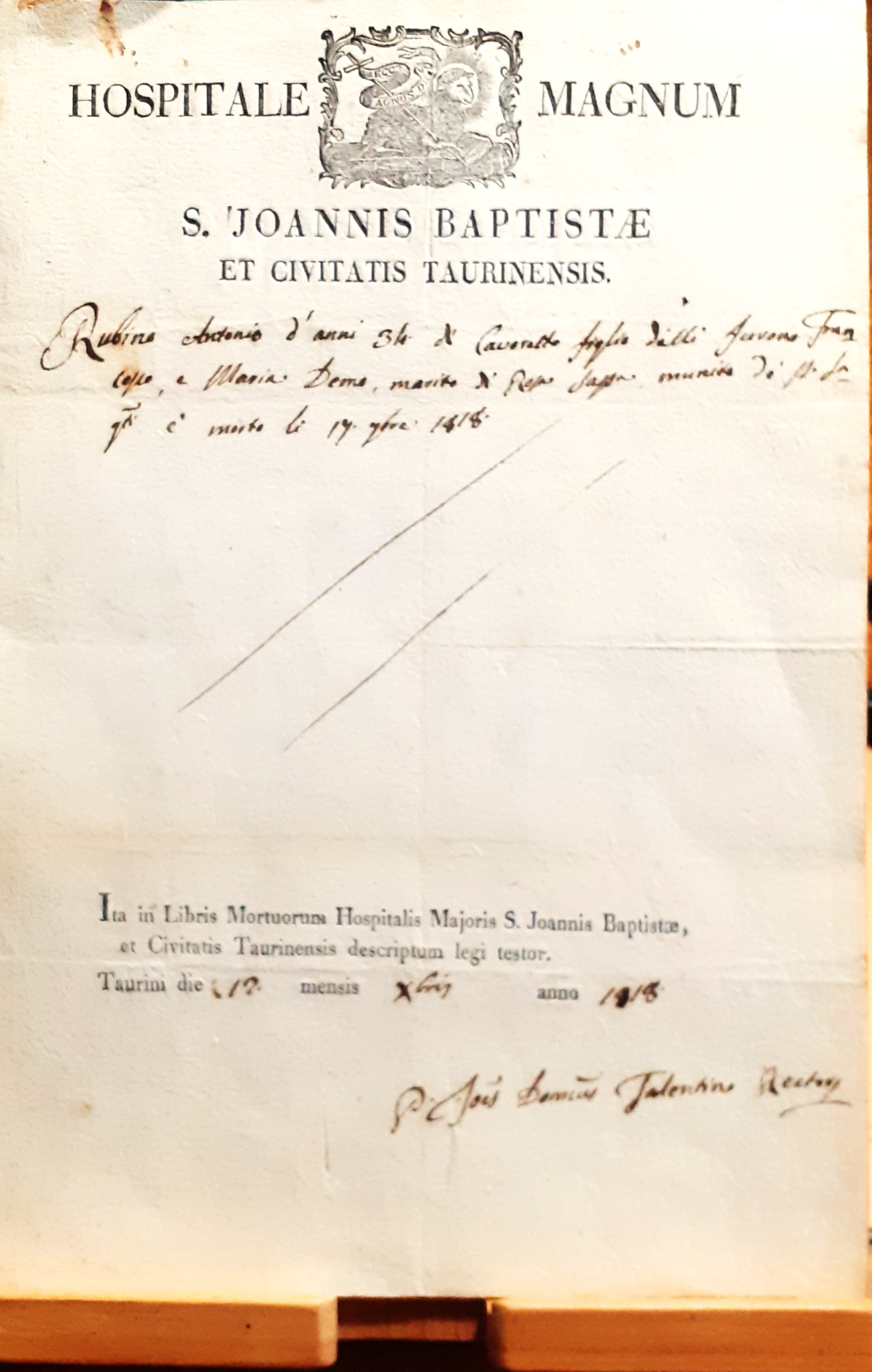 Ita in Libris Mortuorum Hospitalis Major S. Joannis Baptistae Civita …