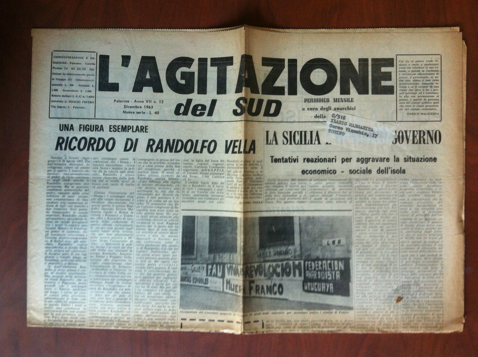 L'Agitazione del Sud Dicembre 1963 indirizzato a Ilario Margarita - …