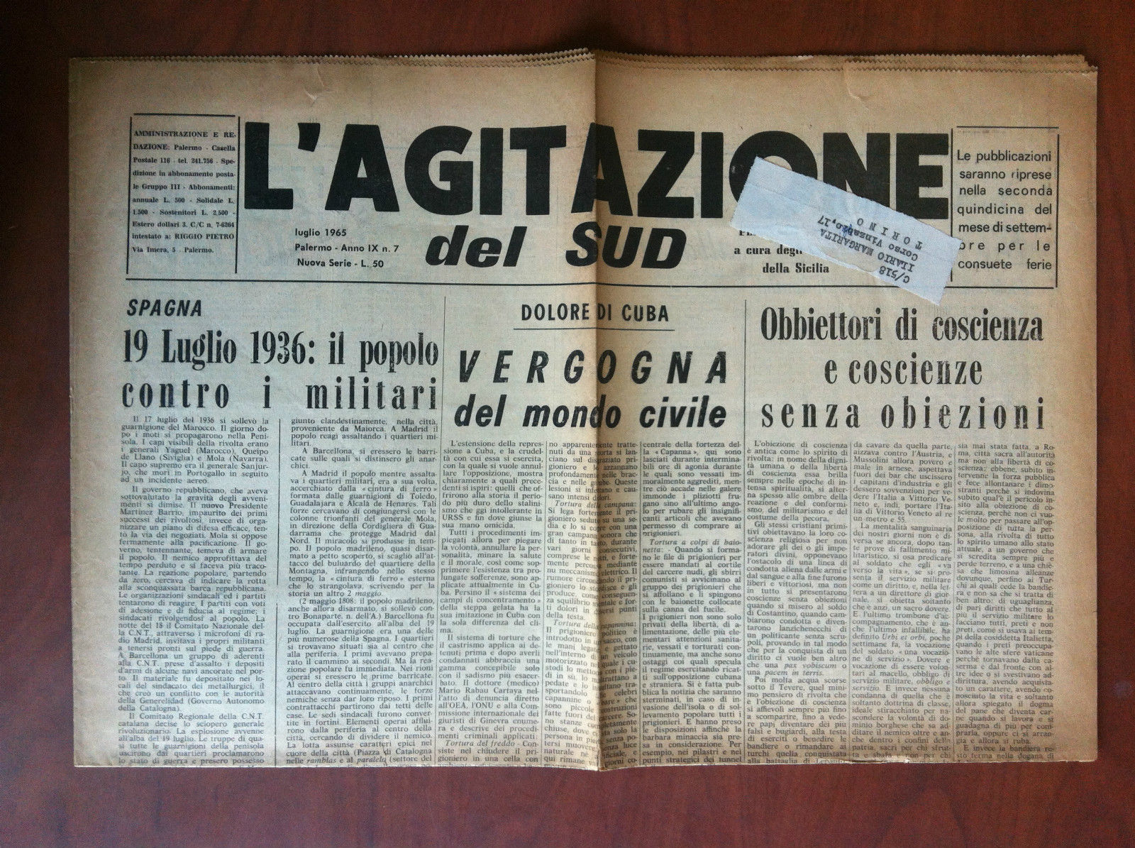 L'Agitazione del Sud Luglio 1965 indirizzato a Ilario Margarita - …