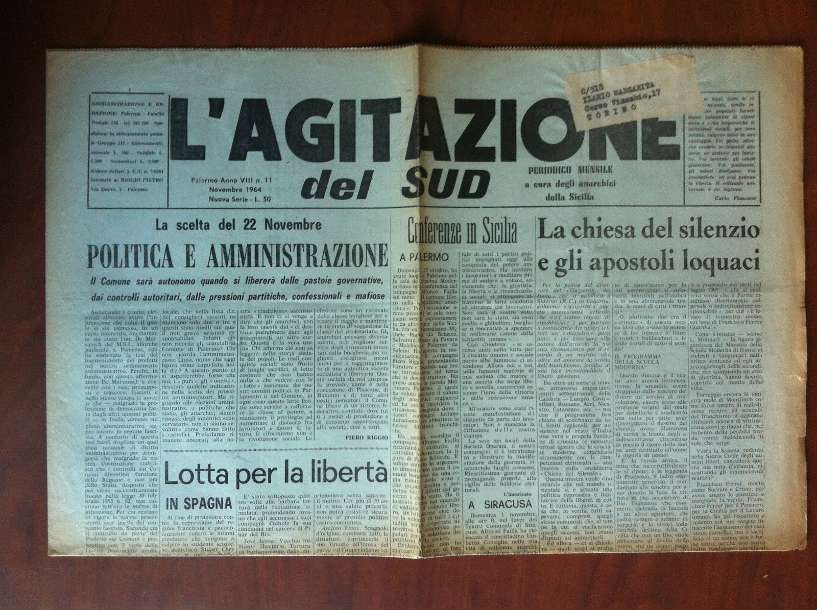 L'Agitazione del Sud Novembre 1964 indirizzato a Ilario Margarita - …