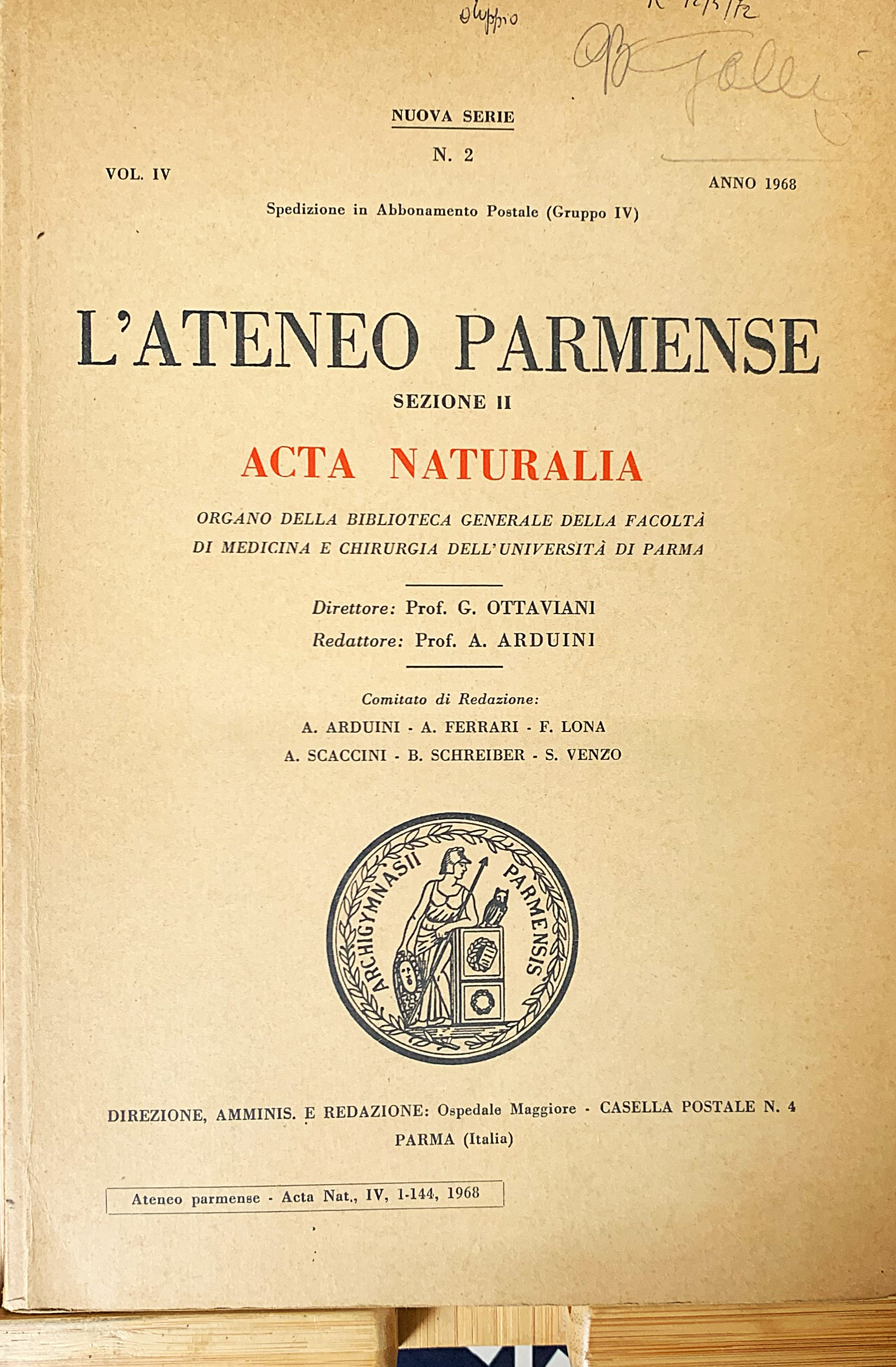 L'Ateneo parmense Sezione II Acta Naturalia (Organo della Biblioteca Generale …