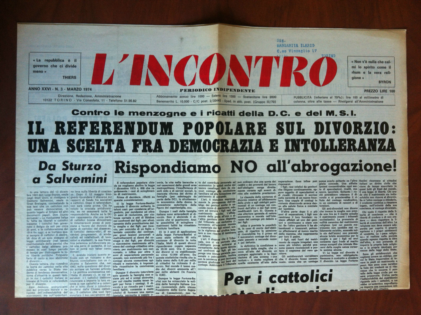 L'Incontro Anno XXVI n^3 marzo 1974 indirizzato a Ilario Margarita …