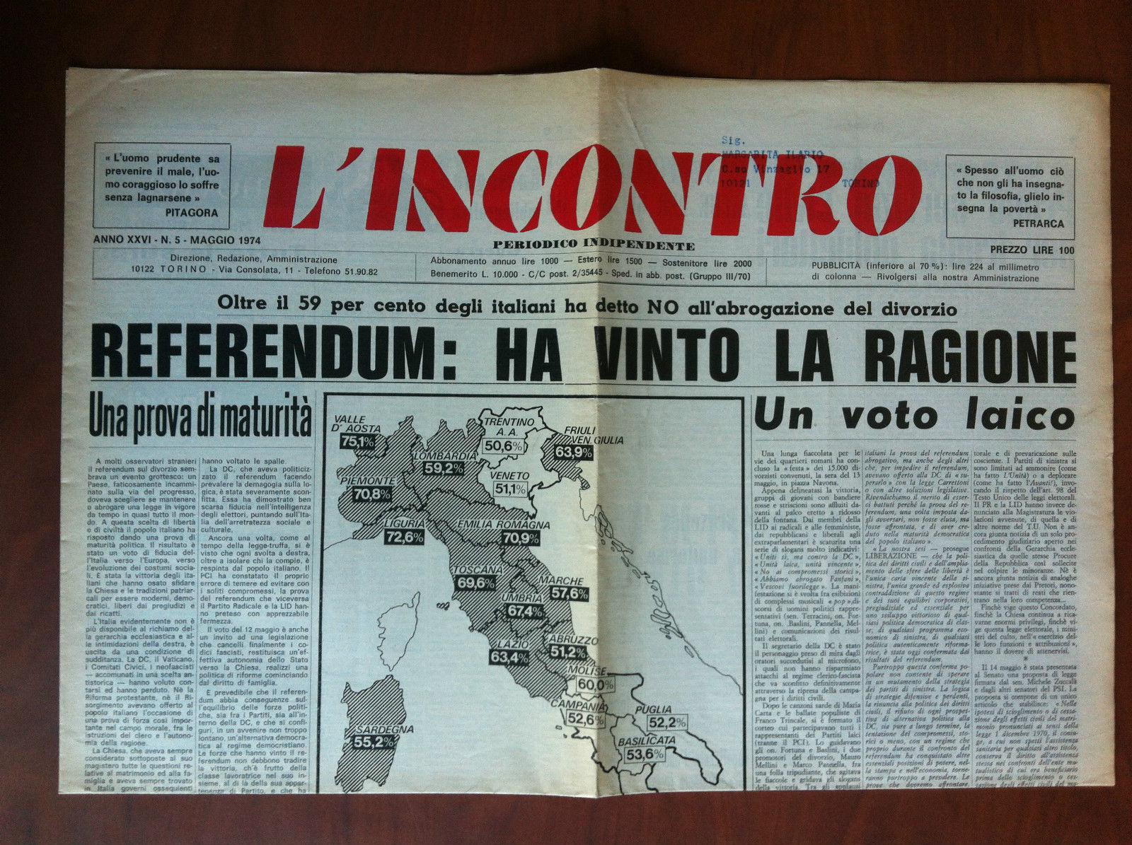 L'Incontro Anno XXVI n^5 maggio 1974 indirizzato a Ilario Margarita …