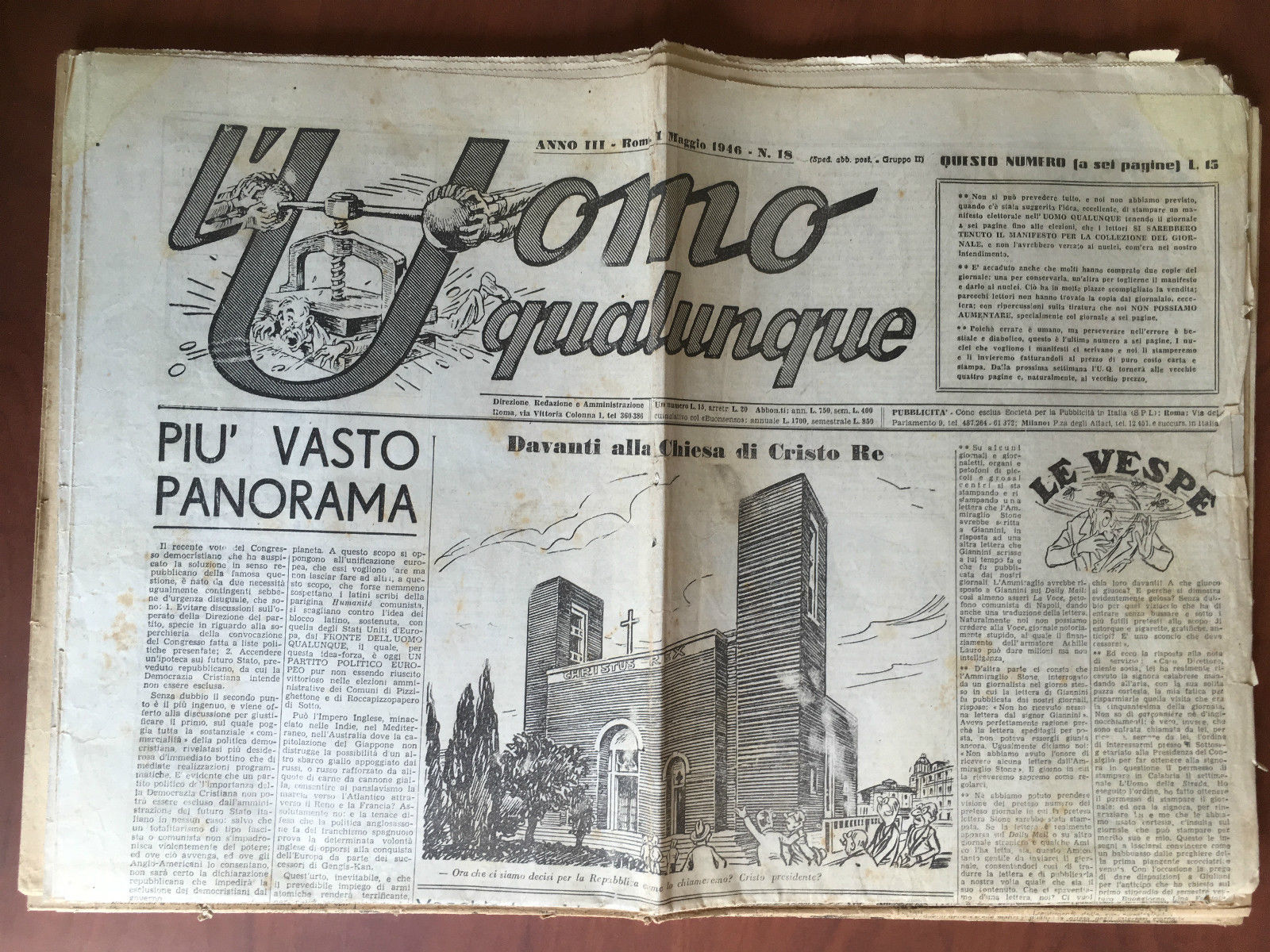 L'Uomo qualunque Anno III Roma 1 Maggio 1946 n^ 18 …