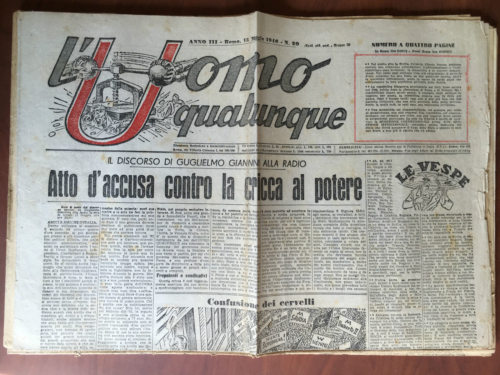 L'Uomo qualunque Anno III Roma 15 Maggio 1946 n^ 20 …