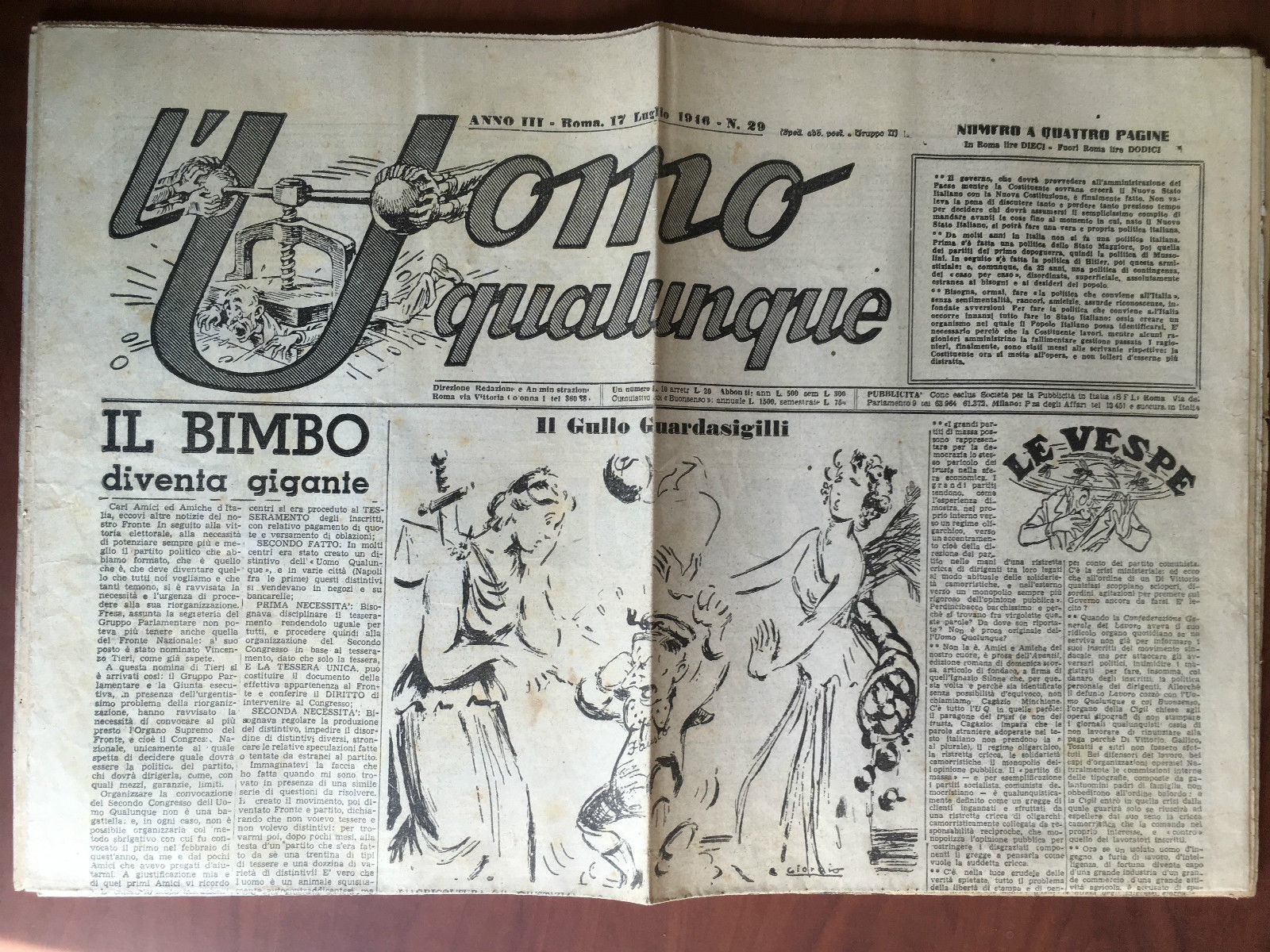 L'Uomo qualunque Anno III Roma 17 Luglio 1946 n^ 29 …