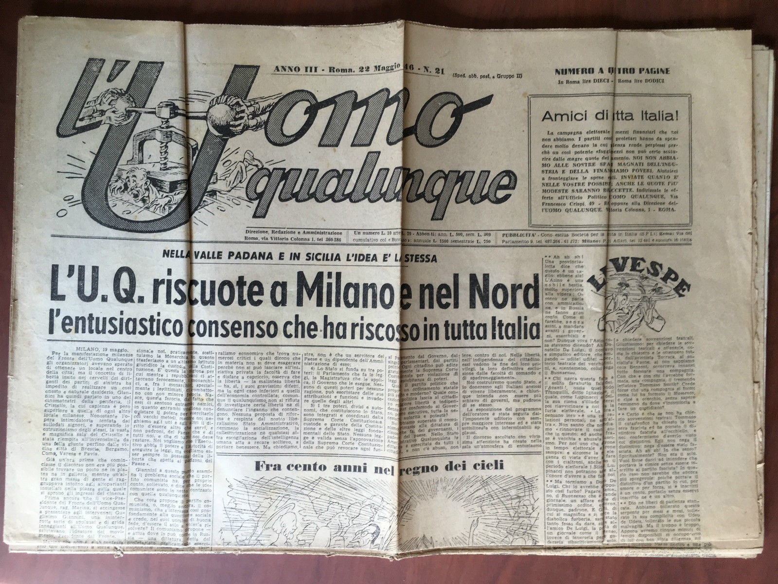 L'Uomo qualunque Anno III Roma 22 Maggio 1946 n^ 21 …