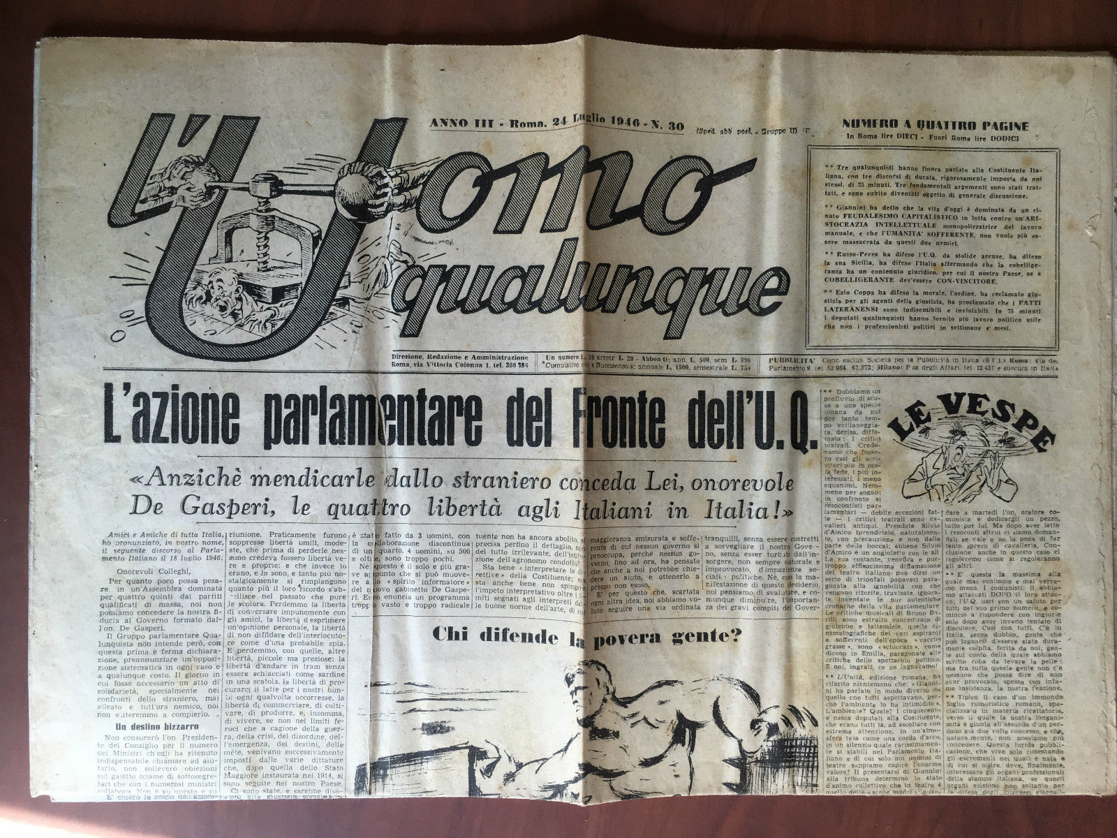 L'Uomo qualunque Anno III Roma 24 Luglio 1946 n^ 30 …