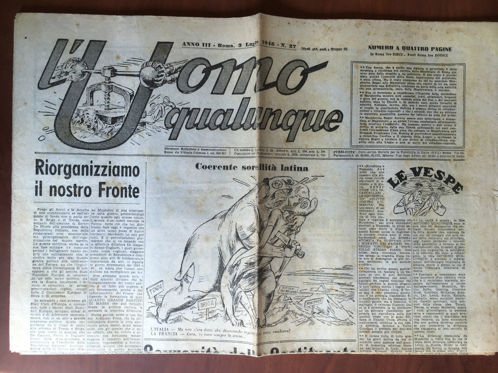 L'Uomo qualunque Anno III Roma 3 Luglio 1946 n^ 27 …