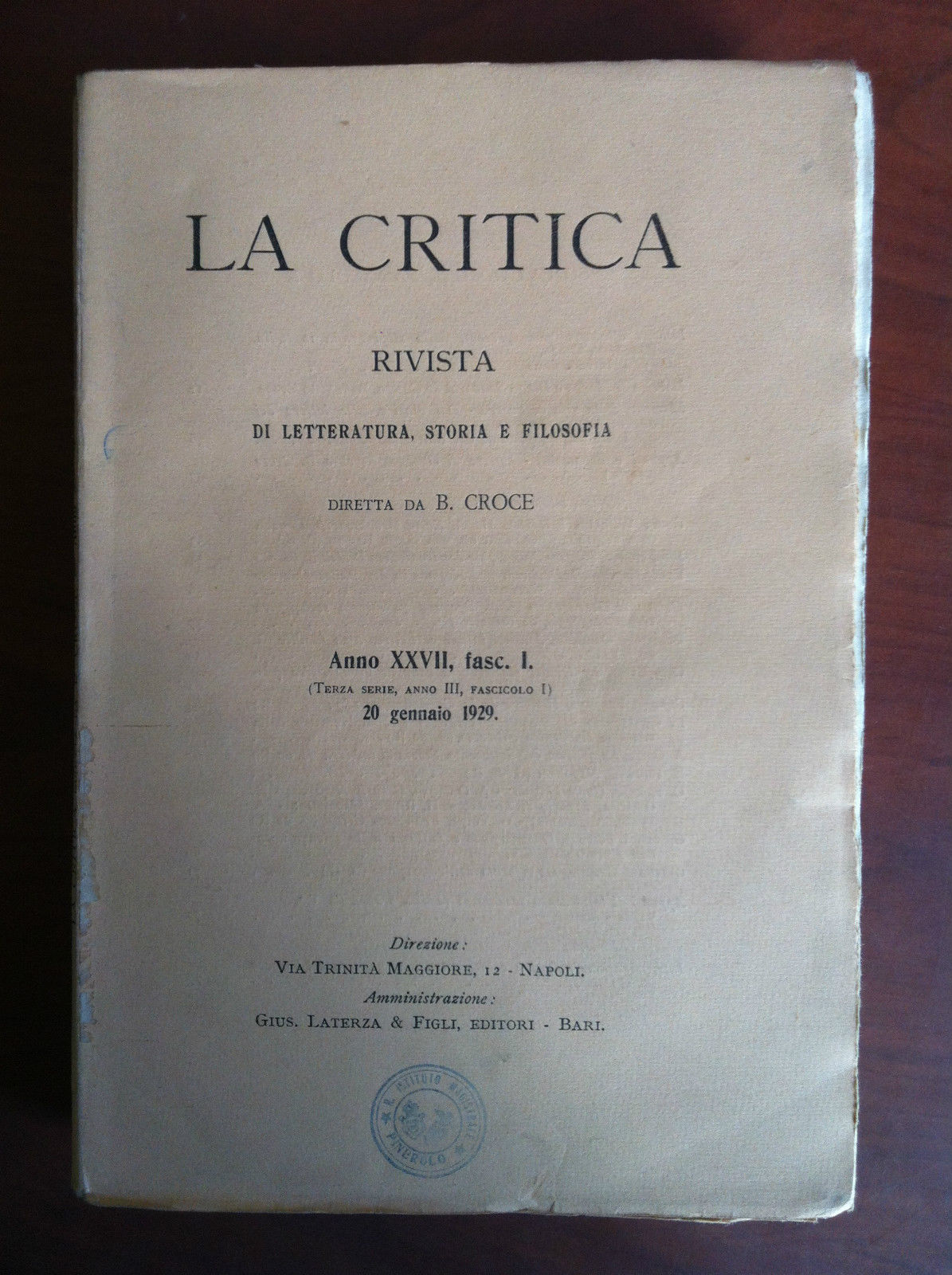 La critica Anno XXVII fasc I - 20 Gennaio 1929 …