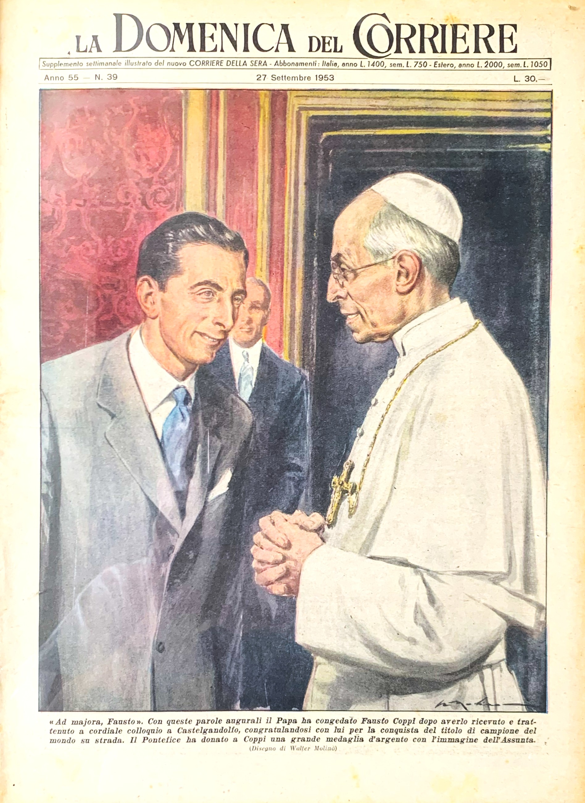 La Domenica del Corriere- Fausto Coppi in visita dal Papa …