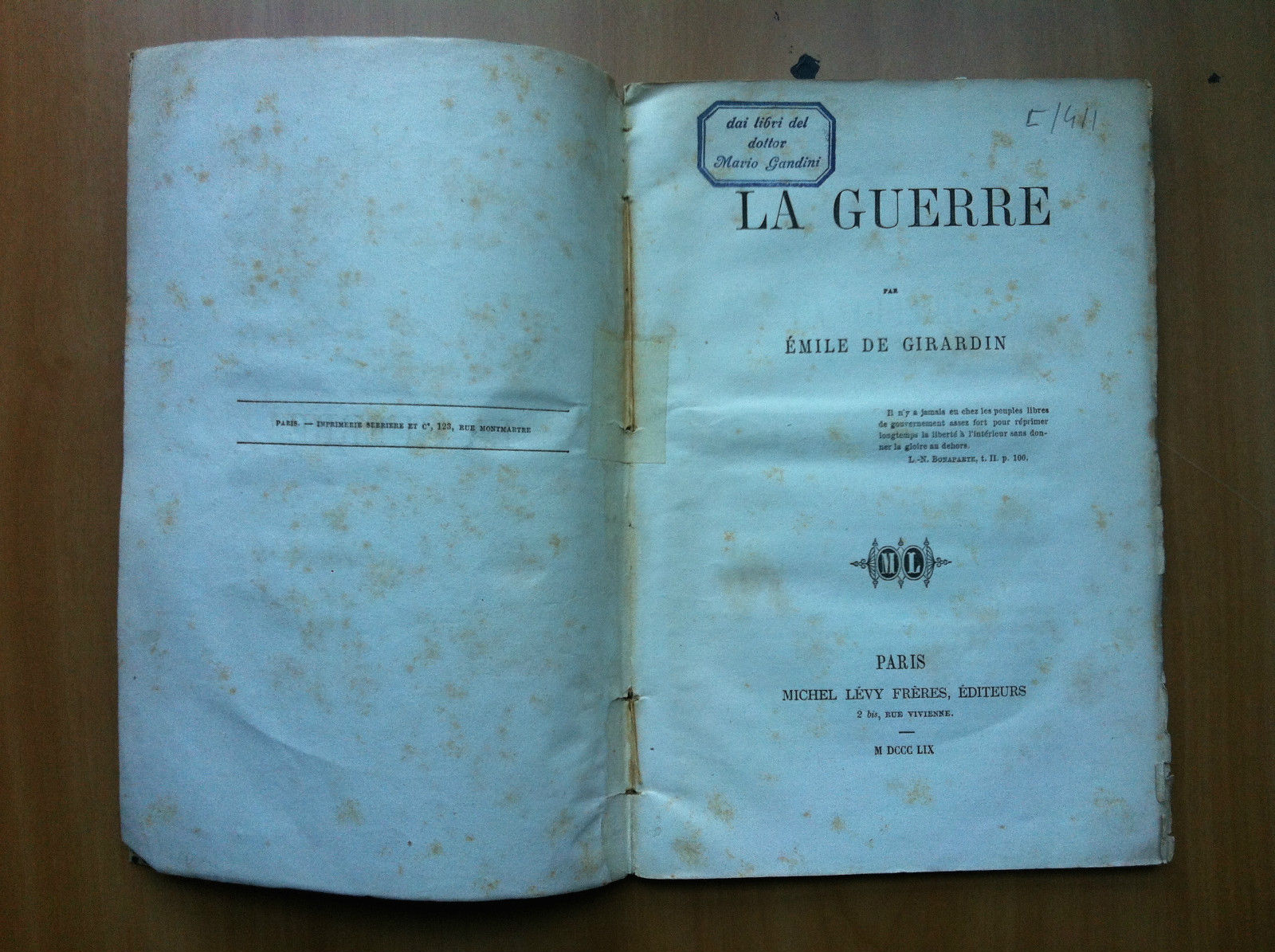 La guerre par Emikle de Girardin Ed Frères Lévy 1859 …
