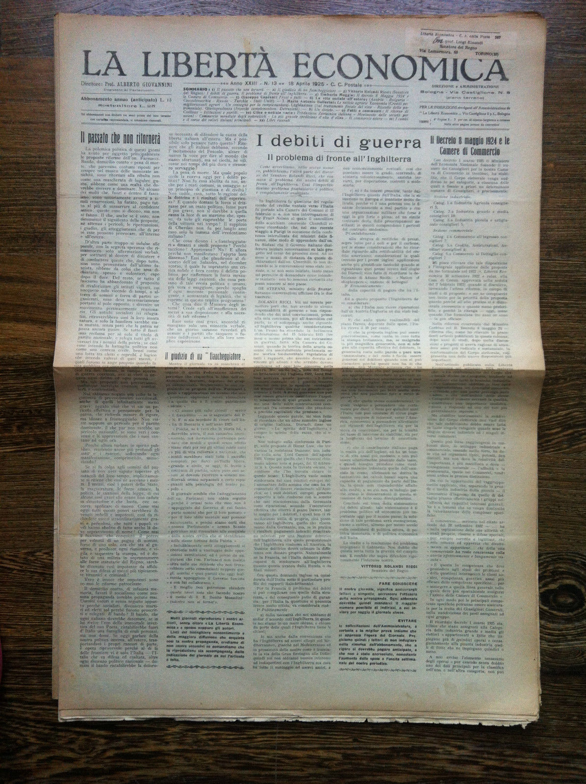 La libertà economica 18 Aprile 1925 Anno XXIII n^ 13 …