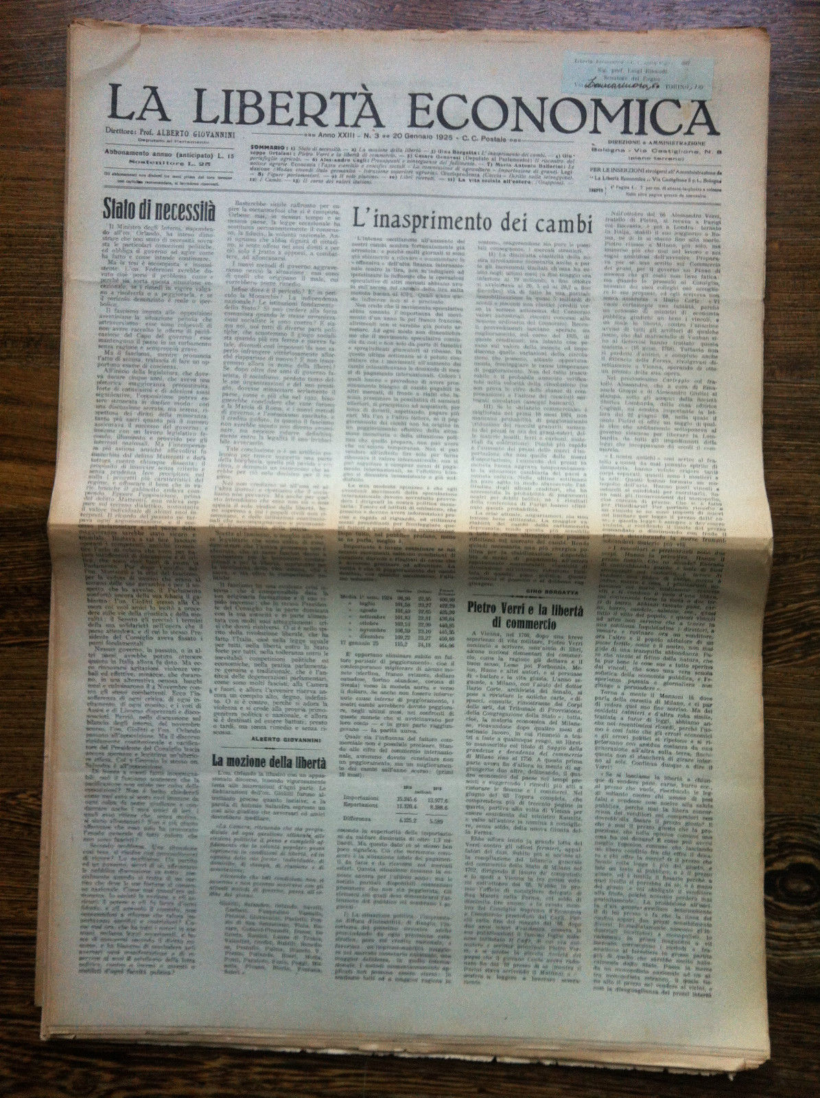 La libertà economica 20 Gennaio 1925 Anno XXIII n^ 3 …
