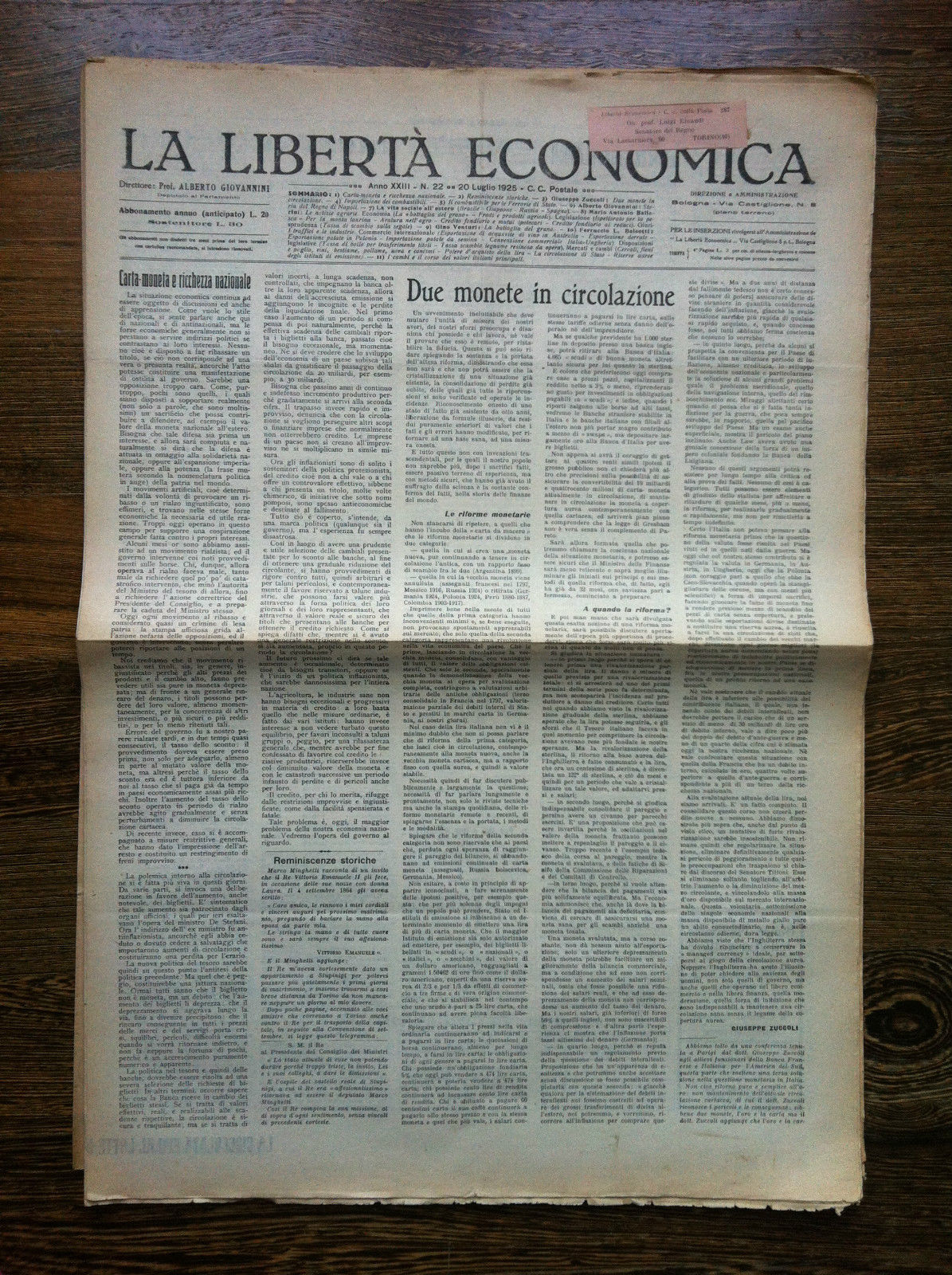 La libertà economica 20 Luglio 1925 Anno XXIII n^ 22 …