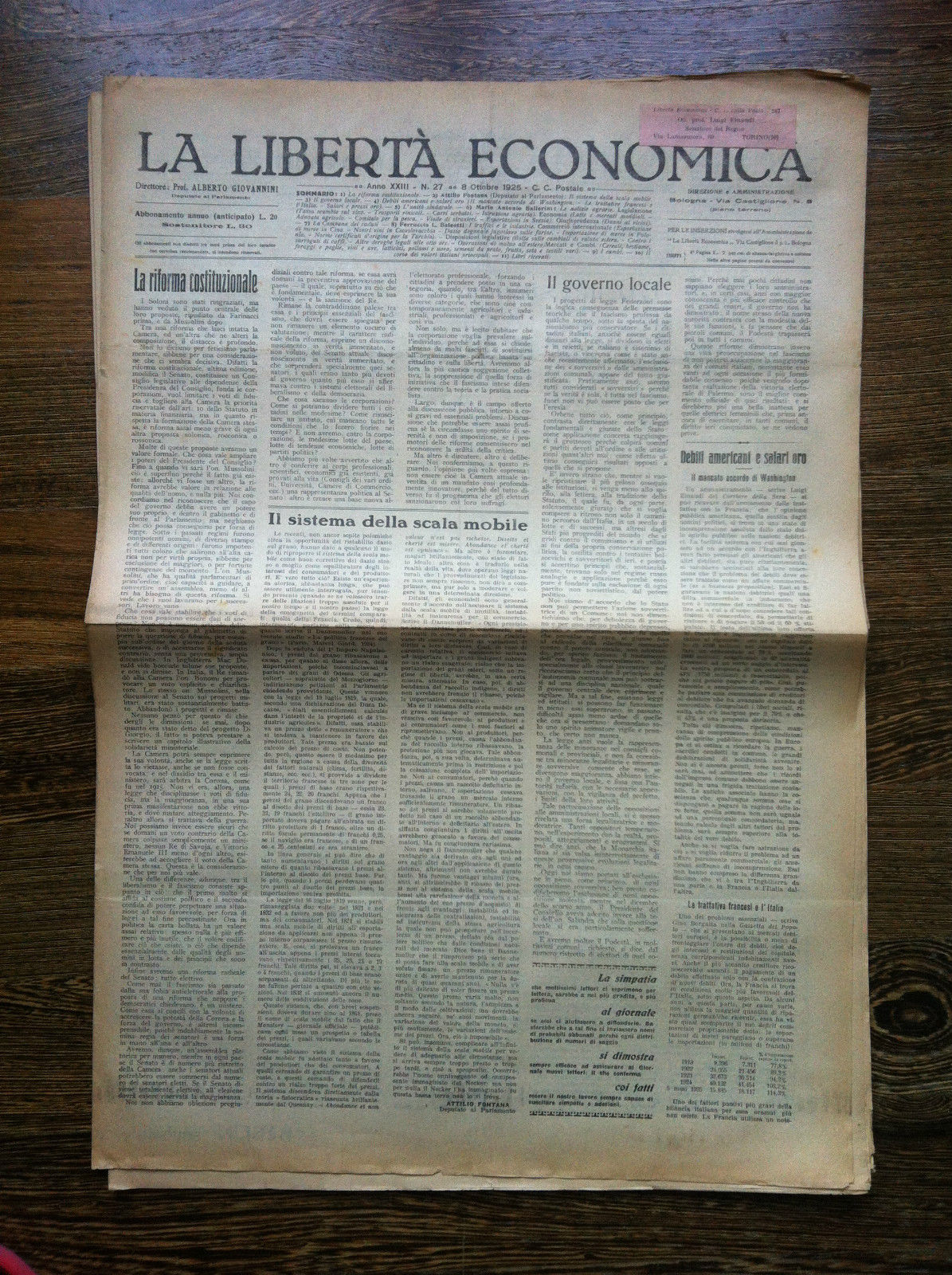 La libertà economica 8 Ottobre 1925 Anno XXIII n^ 27 …