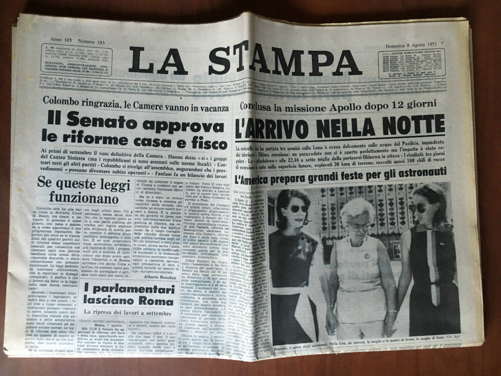 La Stampa Anno 105 n^ 183 Agosto 1971 Apollo l'arrivo …