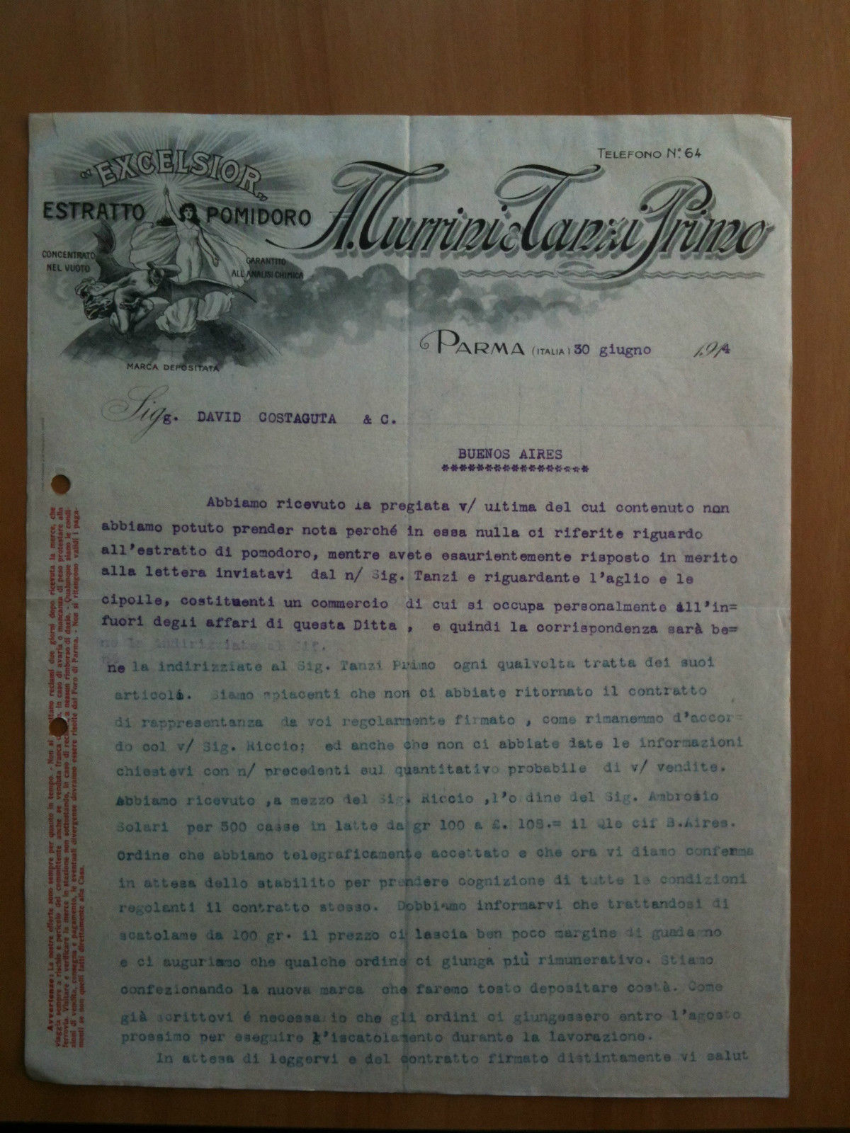 Lettera Commerciale A. Turrini - Tanzi Primo Parma 1914 EXCELSIOR …