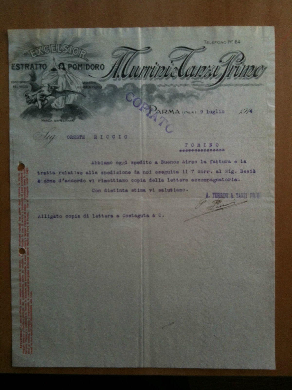 Lettera Commerciale A. Turrini - Tanzi Primo Parma 1914 EXCELSIOR …