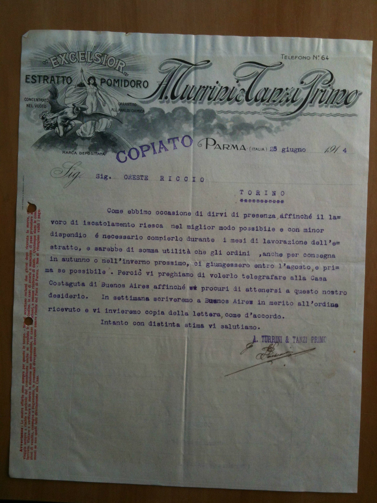 Lettera Commerciale A. Turrini - Tanzi Primo Parma 1914 EXCELSIOR …