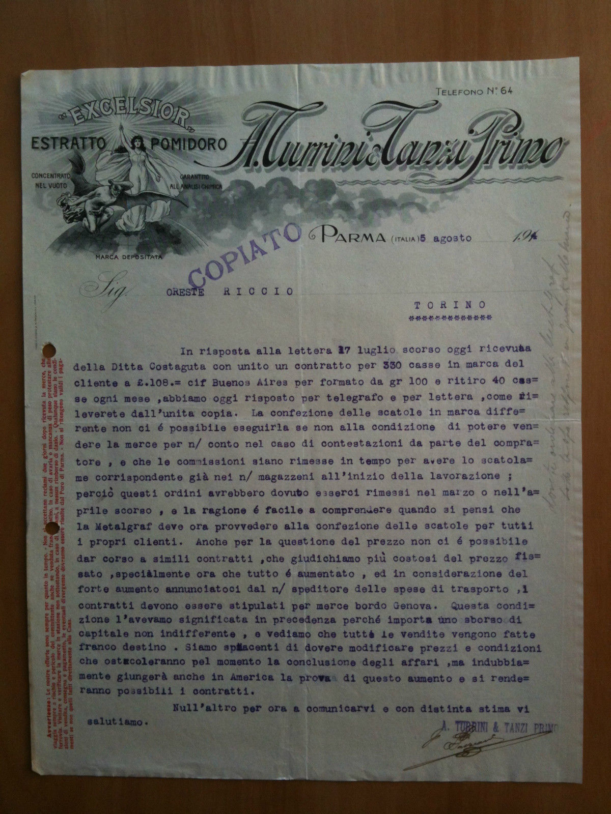 Lettera Commerciale A. Turrini - Tanzi Primo Parma 1914 EXCELSIOR …