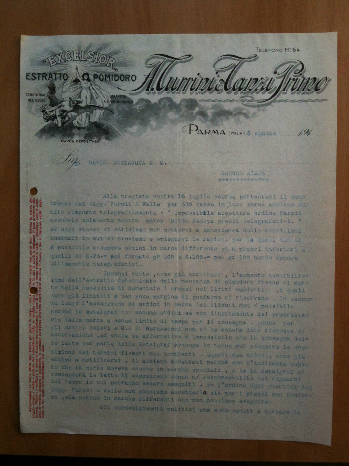 Lettera Commerciale A. Turrini - Tanzi Primo Parma 1914 EXCELSIOR …