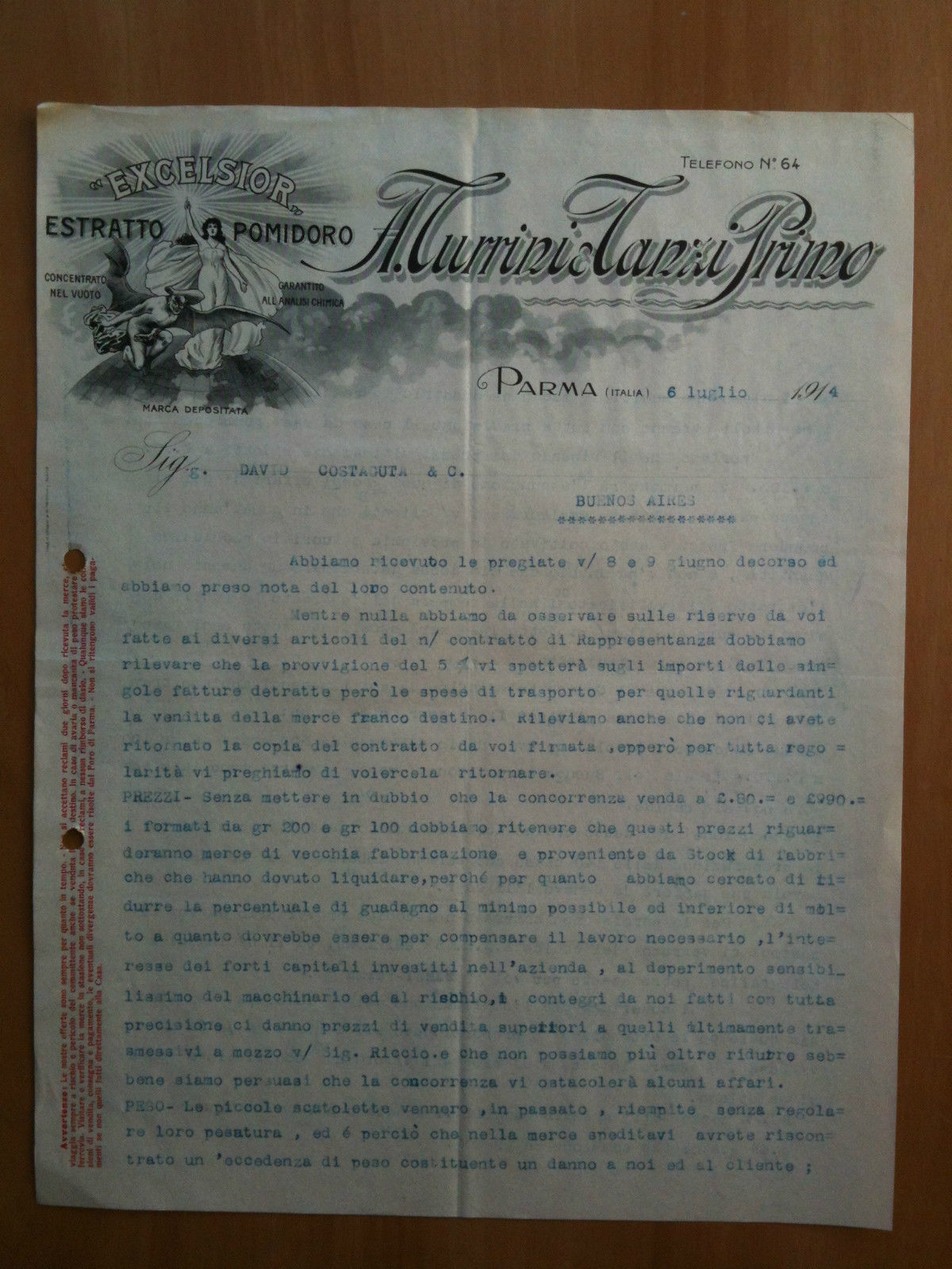 Lettera Commerciale A. Turrini - Tanzi Primo Parma 1914 EXCELSIOR …