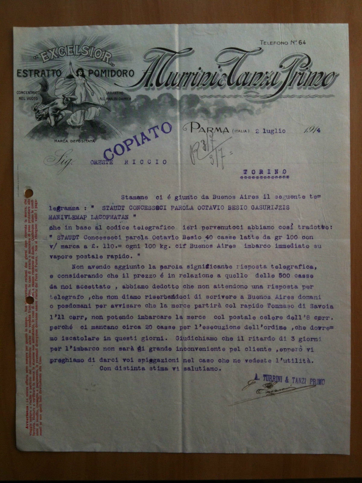 Lettera Commerciale A. Turrini - Tanzi Primo Parma 1914 EXCELSIOR …