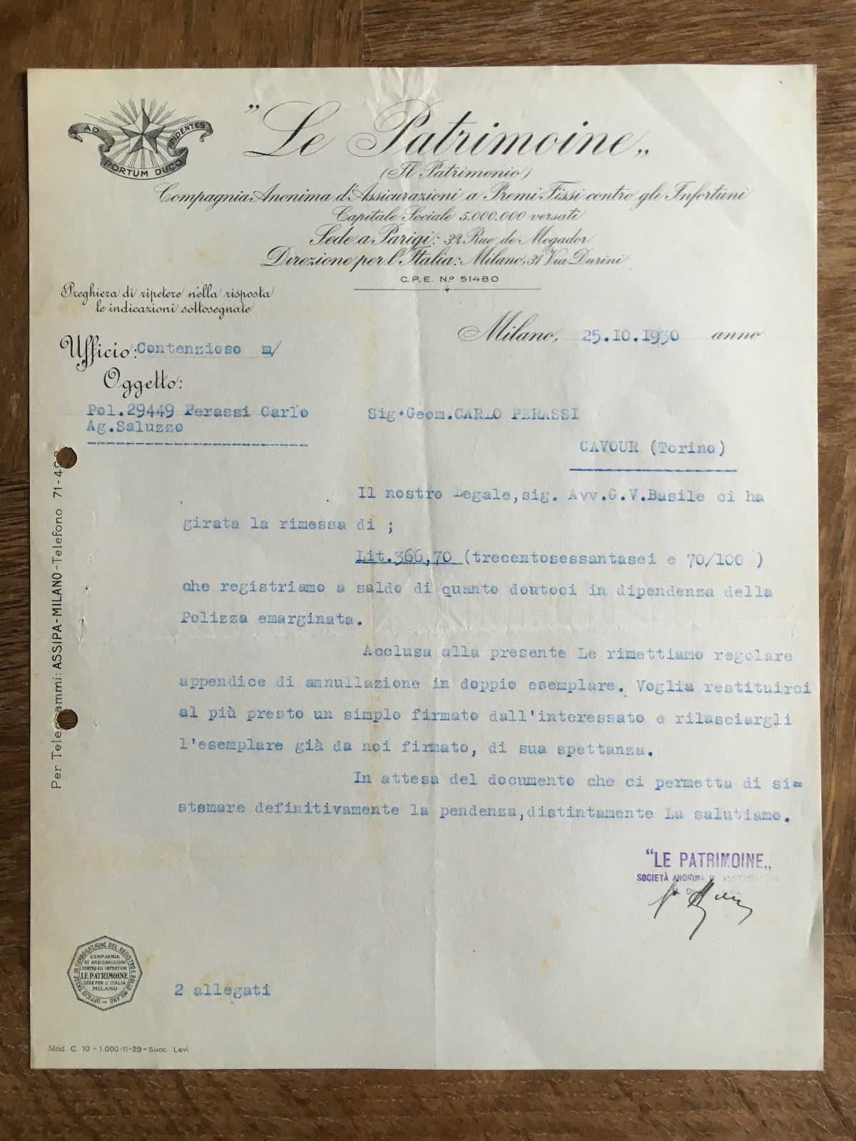 Lettera Commerciale Assicurazioni Le Patrimoine Milano 1930 - E21965