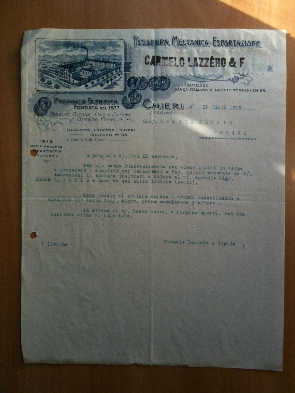 Lettera Commerciale Carmelo Lazzero &amp; F Chieri 1919