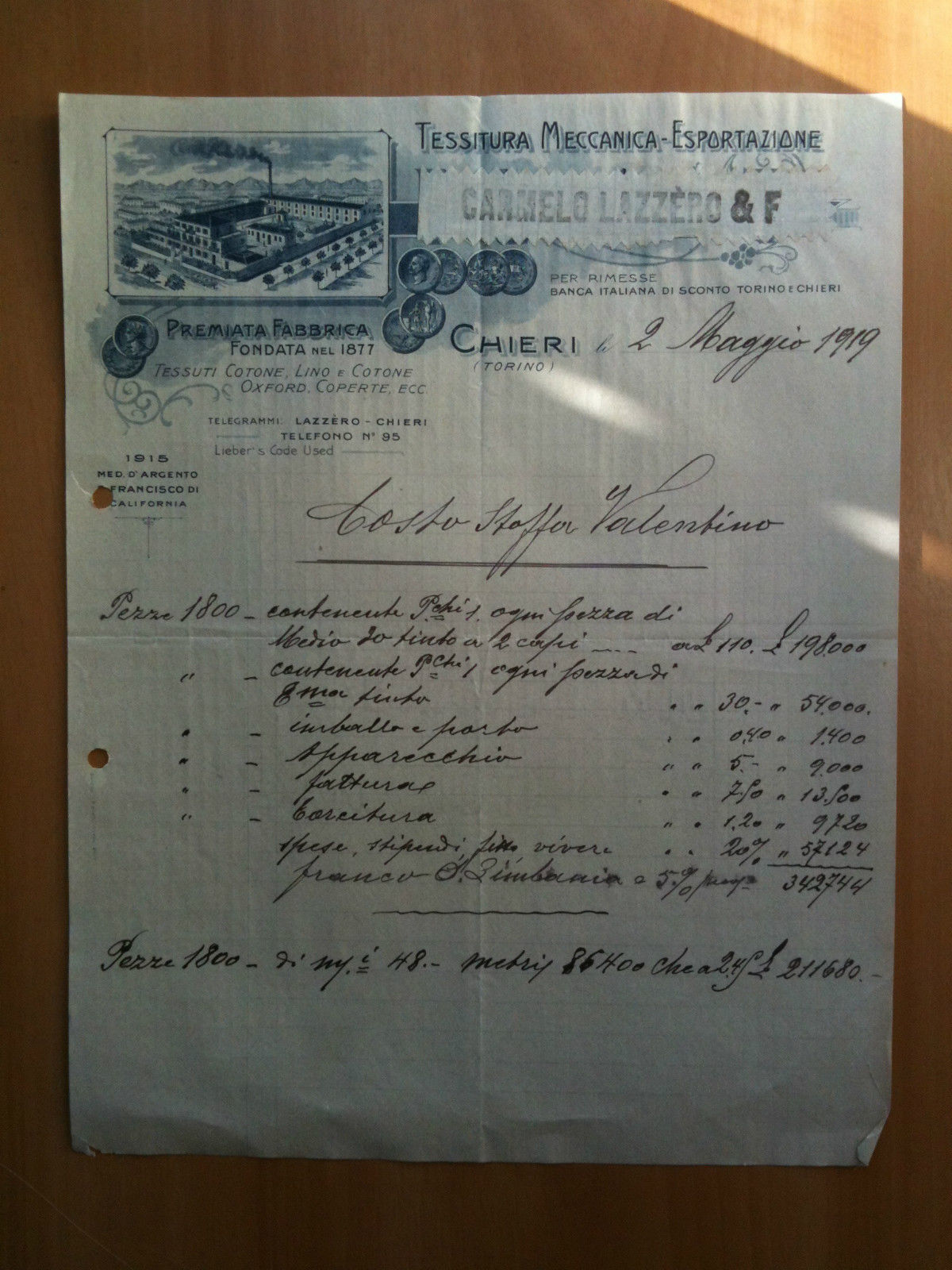Lettera Commerciale Carmelo Lazzero &amp; F Chieri 1919