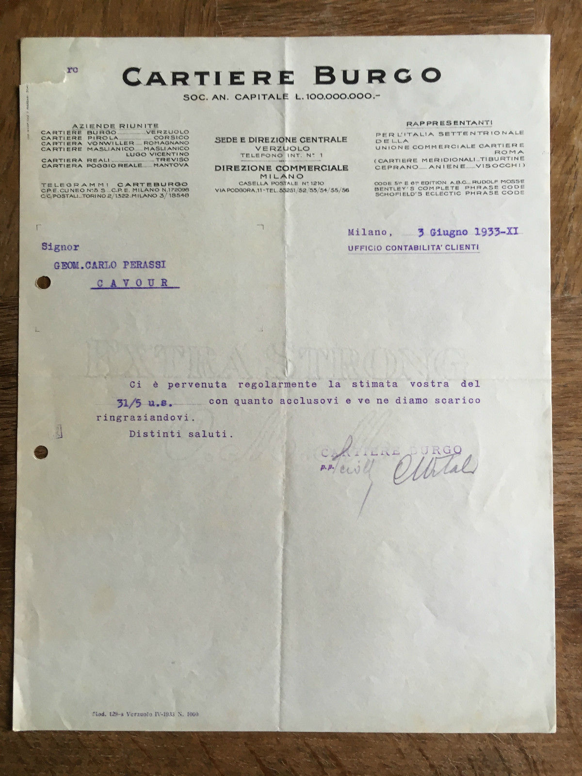 Lettera Commerciale Cartiere Burgo Milano 1933 - E21932