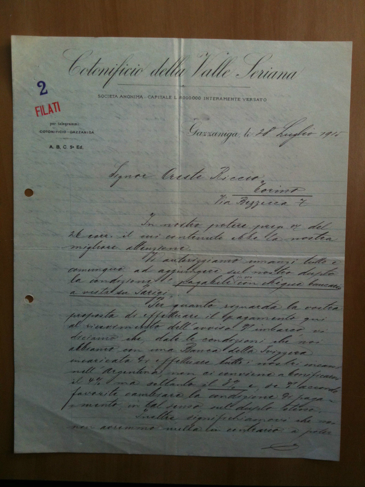 Lettera Commerciale Cotonificio della Valle Seriana 1915