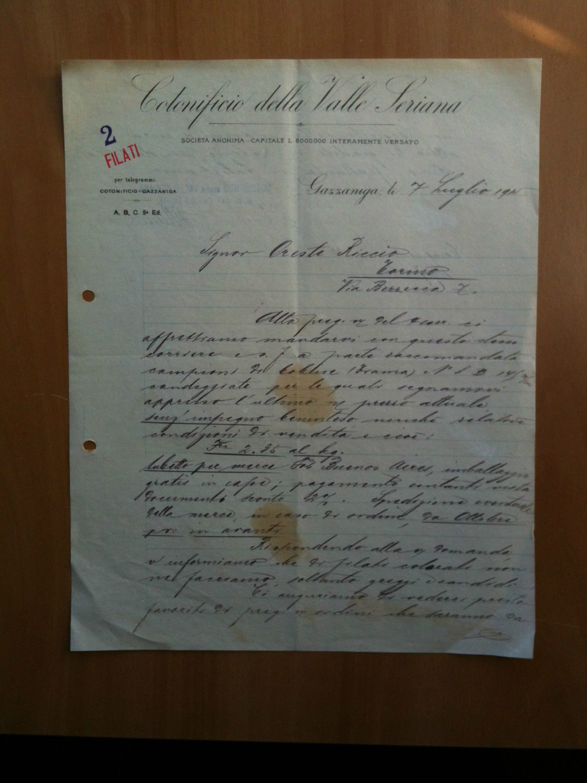 Lettera Commerciale Cotonificio della Valle Seriana 1915